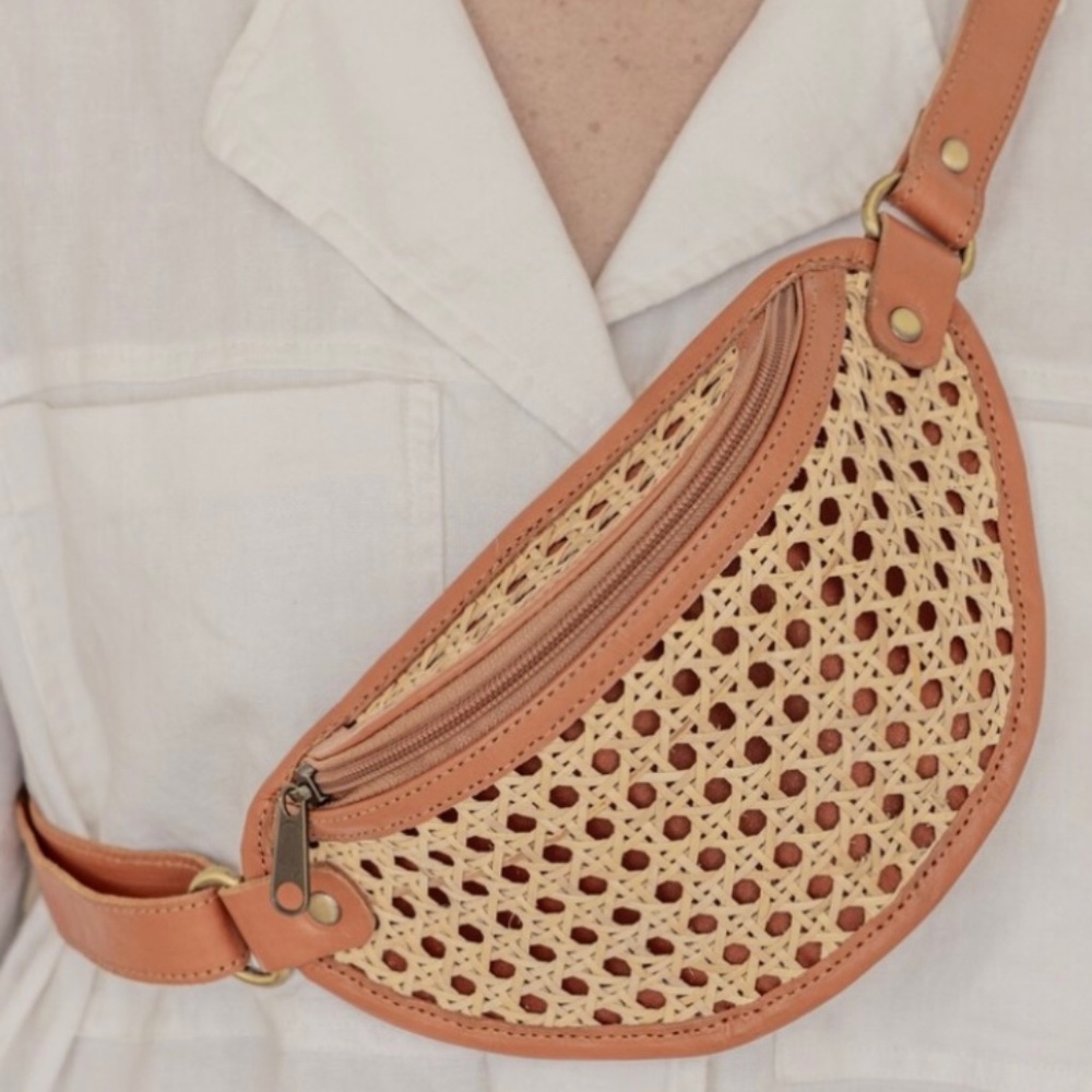 Raja Leather and Cane Sling Bag/Fanny Pack (camel) - NWT